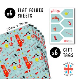 Fire Truck Wrapping Paper For Boy - 6 Sheets Of Birthday Gift Wrap - Firemen - Kids Wrapping Paper - Comes With Stickers - Recyclable - By Central 23