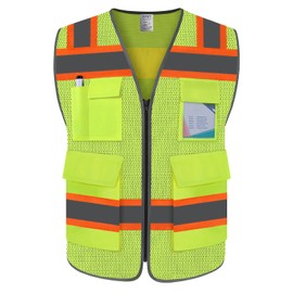 TCCFCCT Safety Vest for Men Women 5 Pockets Mesh High Visibility Reflective Vest with Reinforced Zipper, Durable Construction Work Vest with Fluorescent Orange Edge, Meets ANSI/ISEA, DW-Yellow, 5XL