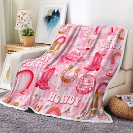 Pink Checkerboard Grid Pattern Blanket Cute Western Cowgirl Gifts for Girls Women Cowboy Hat Boots Horseshoe Soft Flannel Throw Blankets Boho Fleece Blankets for Couch Bed Sofa Chair Decor 50X60in