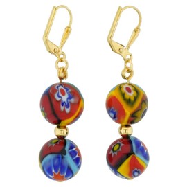 Murano Mosaic Millefiori Festive Ball Earrings - Gold, Glass, Crystal