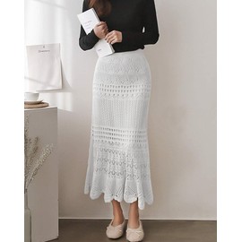 chouyatou Women's Stretched High Waist Crochet Hollow Out Knit Flowy Patterned Lace Maxi Skirt, White, Large