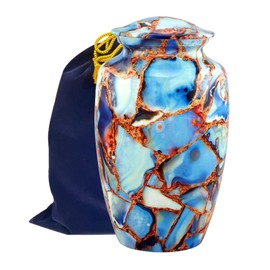 Large Cremation Urn | Handcrafted Marble Finish Adult Cremation Urn | Funeral and Memorial Cremation Urns for Human Ashes up to 200 lbs with Velvet Bag (Luxury Blue)