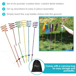 Sunnydaze Outdoor Cup Holders for Yard - Heavy-Duty Outdoor Drink Holder Stakes - Set of 6 - Multicolored