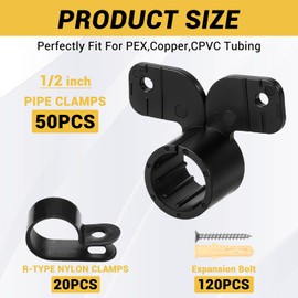 MSLANE Pex Support Pipe Supports Sets,Pex Hanger 50 Pack 1/2 Inch,R-Type Nylon Clamps 20 Pack with 120 pcs Screws for Pex, Copper, CPVC,Butterfly Style