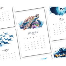2026 Monthly Office Desk Calendar - Scuba Diving - Watercolor Style - Annual 12 Month - 4” x 6” Cards – Calendar Card Refill (Ocean Life)