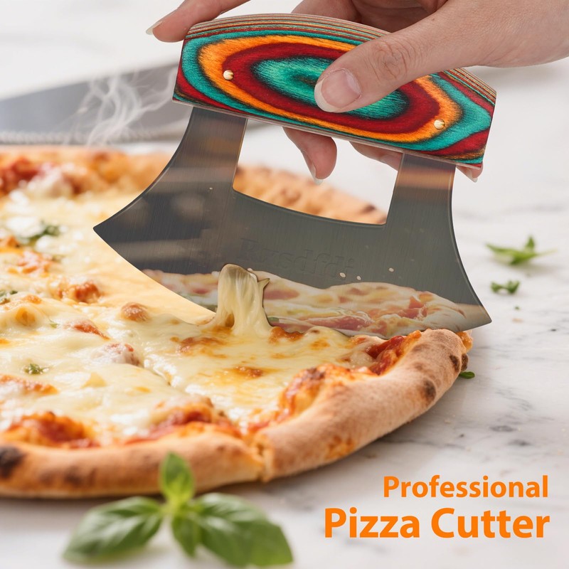 Pizza Cutter Rocker Knife, Sharp Ulu Knife with Wooden handle,