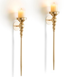 Walasis Candle Sconces Gold Wall Decor: Vintage Metal Art Decoration Wall Candle Holder for Pillar Candles - 24.4 Inch Long Candle Sconces Set of 2 for Fireplace Hallway Beside TV