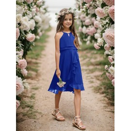 Galawaqe Kids A-Line Halter Neck Chiffon Junior Bridesmaid Dresses Fancy Girl Dress Wedding Elegant Party Gown 5-14 Years Royal Blue