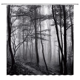 Misty Grey Forest Shower Curtain Black and White Tree Heavy Foggy Forest Tall Bushes Shrouded in Dense Fog Jungle Gothic Dark Nature Landscape Polyester Curtains Bathroom Decor with Hooks 70"Wx70"H