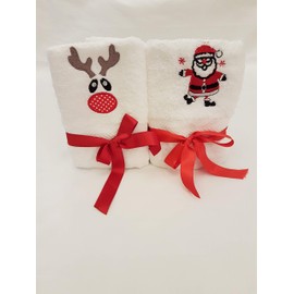 Lex's Linens Set of 2 Embroidered Rudolph & Santa Guest Towels (1 of Each)