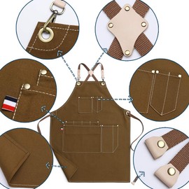 Jeanerlor Hair Stylist Apron Waxed Cotton Canvas Apron with 10 Pockets Durable Tool Aprons for Women No Neck Pain Smart Cross-Back Straps Design Adjustable S to M（Coffee）