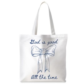 ignytiger God is Good Christian Tote Bag, Coquette Blue Bow Canvas Tote Bag, Christian Religious Gifts for Women Faith, Bible Verse Gifts, Reusable Grocery Bags Shopping Bags