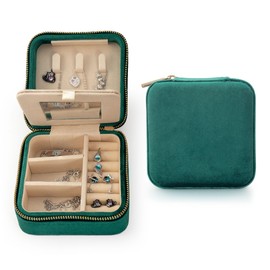 Velvet Jewelry Box Travel Jewelry Organizer with Mirror Soft Plush Case for Necklaces, Earrings, Bracelets & Rings Gift for Women, Girlfriend, Mom or Best Friend (Premium Velvet - Emerald green)