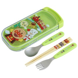 LEC Anpanman Character 3 Piece Set (Chopsticks/ Spoon/ Fork) in Sliding Lid Case green