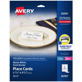 Avery® Printable Place Cards With Sure Feed Technology, 1-7/16" x 3-3/4", White With Gold Border, 150 Blank Place Cards