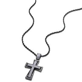 COOLSTEELANDBEYOND Mens Womens Large Black Steel Cross Pendant Necklace with Cubic Zirconia, 30 inches Wheat Chain(CA)