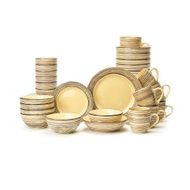 48pc Bark Style Stone Tool Dinner Retro Ceramic Plate and Bowl Set with Unique Design Edge Stone to Tableware Set for Restaurantcolor: Yellow
