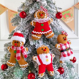 4Pcs Gingerbread Man Christmas Tree Hanging Ornaments-5.7 Inch Tall Assorted Plush Stuffed Gingerbread Figurines Ornaments-Holiday Xmas Season Home Decor Gifts