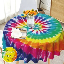 Round Tablecloth 60 inch, Tie Dye Round Table Cloth, Stain Resistance, Water Repellent and Wrinkle-Free, Colorful Circle Tablecloth for Home Kitchen Dining Party Patio Indoor and Outdoor Use