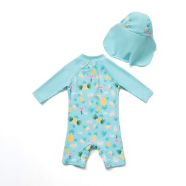 Trajes de sol para niñas con protección solar UPF 50+, mangas 3/4 de una pieza con gorro para el sol, Pineapple, 9-12 meses