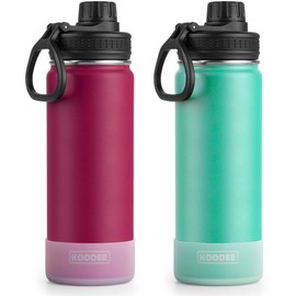 koodee Water Bottle 2 Pack 22 oz Stainless Steel Double Wall Vacuum Insulated Metal Sports Water Bottle with Leakproof Spout Lid (Fuchsia Red-Teal)