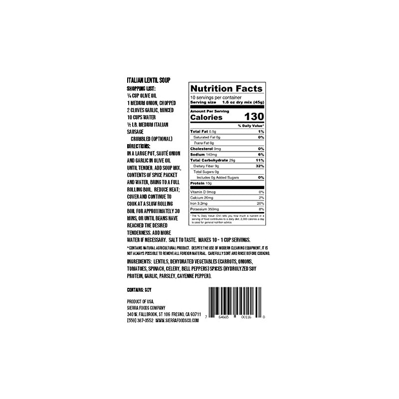 Sierra Soups Italian Lentil, 16-Ounce Bags (Pack of 6)