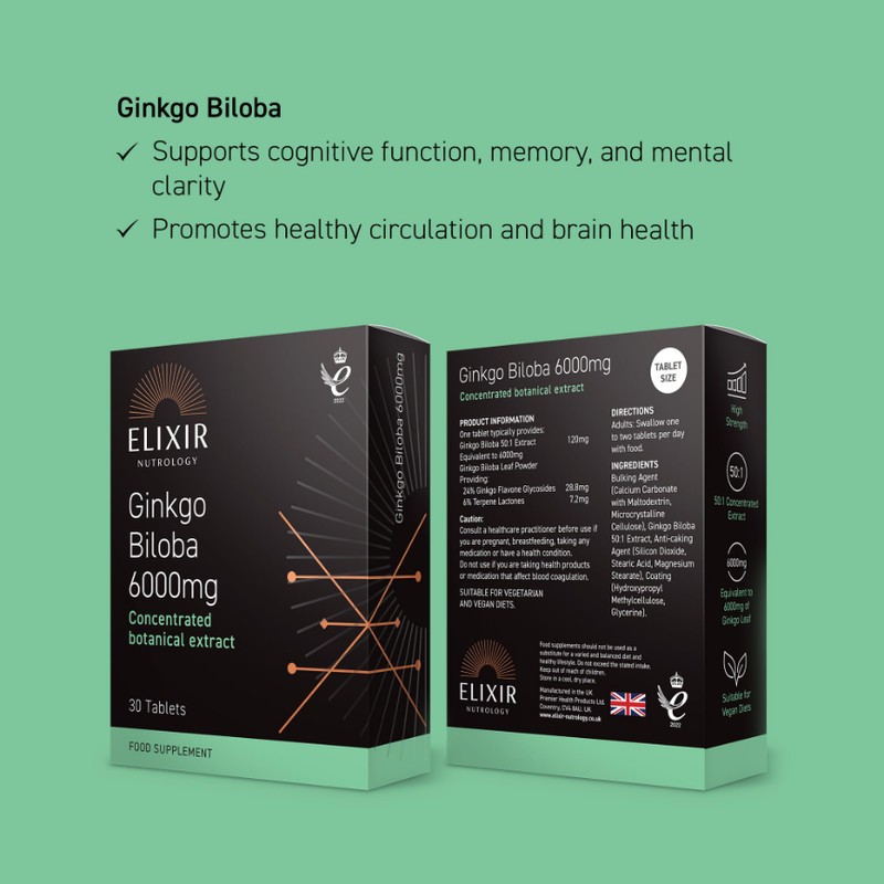 ELIXIR NUTROLOGY Ginkgo Biloba 6000mg 30 Tablets - 50:1 Extract,