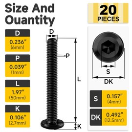 Mywish M6 x 50mm 20Pcs Flat Head Hex Socket Cap Screws Bolts, 304 Stainless Steel Furniture Bolts Full Thread, Black Oxide & Hex Spanner