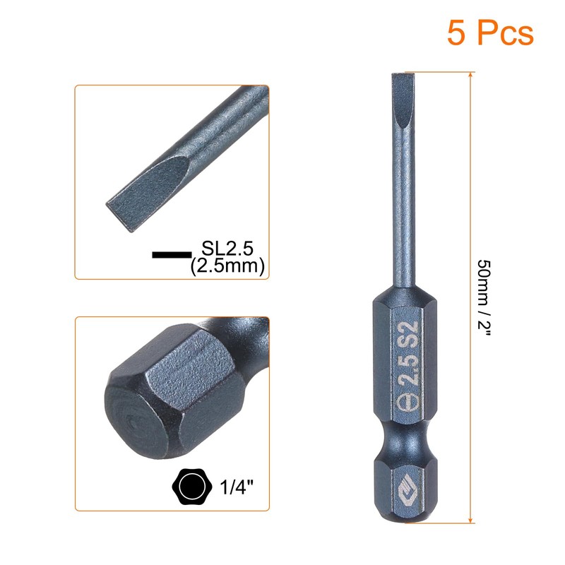 QUARKZMAN 5 Pieces SL2.5 Magnetic Slotted Screwdriver Bits 2.5 mm