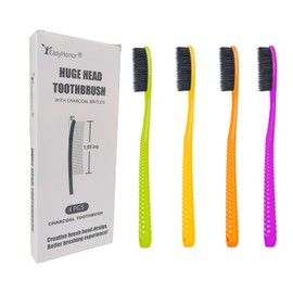 Cepillo de dientes EasyHonor de cabeza enorme, cepillo de dientes suave medio sin BPA para un cuidado dental adecuado, paquete de 4 con cerdas de carbón negro.