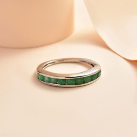 TJC Emerald Half Eternity Ring for Women in Platinum Plated 925 Sterling Silver Size N Channel Setting Green Coloured May Birthstone Metal Wt. 1.65 Grams