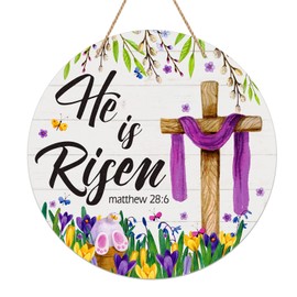 FaCraft He is Risen Door Sign Wreath for Front Door Decor Religious Easter Door Decorations Watercolor Floral Easter Cross Hanger Signs for Home Porch Wall Spring Decorations Easter Party Supplies