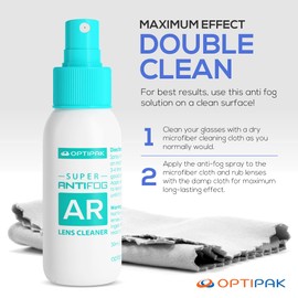 OPTIPAK Anti Fog Spray for Glasses - Antifog Cleaner with Microfiber Cloth for Eyeglasses, Goggles, Sunglasses, Mirror - Eyeglass Defogger Spray for Mask Wearers (30ml/1oz 2pk PK case)