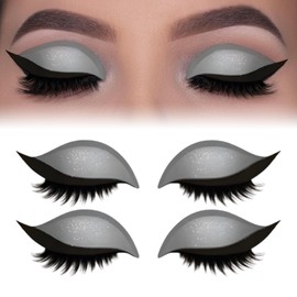 Lazy Eye Shadow Eyelash Patch, Eyeshadow Eyelash Makeup Stickers, 3-in-1 Reusable Fast Eye Makeup Stickers with False Lashes, Shadow, Eyeliner, for Party, Prom (2 Pairs, Silver)