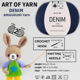 Denim Amigurumi Yarn Art 55% Cotton 45% Poliacrylic 50g 174 Yds Soft Smooth Sport Fine (2) for Crocheting Knitting Blankets Baby Garments More Colors (Navy Blue, Pack 1)
