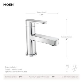 Moen Laris Chrome One-Handle Single Hole Modern Bathroom Sink Faucet with Optional Deckplate and Spring Loaded Drain Assembly, 84014