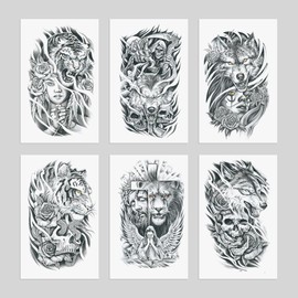 Oottati 6 Sheets Arm Waterproof Temporary Tattoos Lion Tiger Death Cross Jesus Maria Flower Skull Snake Women