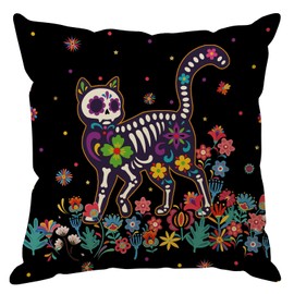 Skull Cat Day of The Dead Throw Pillow Covers Home Decor 16x16In