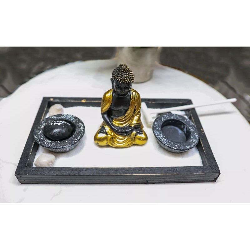 Golden Robe Buddha Monk Zen Garden With Pebbles Sand And