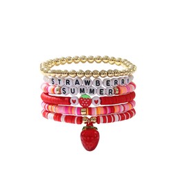 Dainty Strawberry Surfer Heishi Bracelets for Women Stackable Pink Vinyl Disc Clay Beaded Stretch Bracelets Elastic Cute Sweet Layering Friendship Bracelets Boho Summer Beach 6 PCS Jewelry
