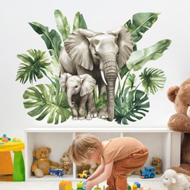 RAINBOW WSK Lifelike Elephant Wall Decals for Kids Room Large Jungle Animal Elephant Wall Stickers with Tropical Palm Leaves Wall Art Baby Nursery Playroom Bedroom Wall Decor fun-c72
