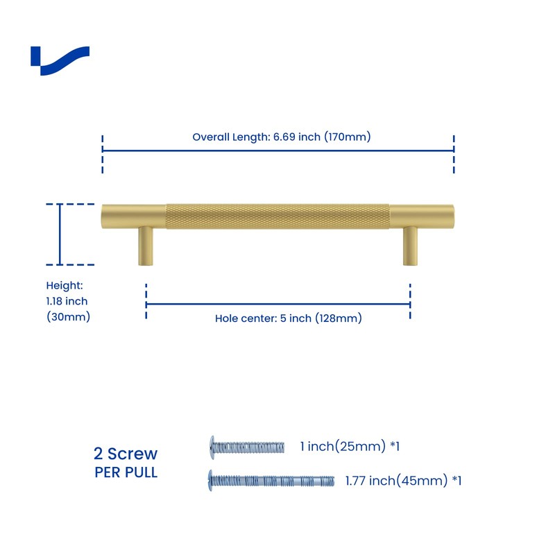 LONTAN 2 Pack Gold Handles for Cupboards 128mm Hole Centers