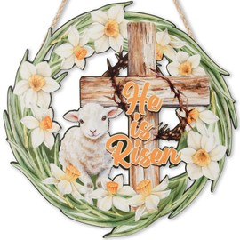 Celestdeco Easter Door Sign,He Is Risen Hanging Decor,Easter Wreaths for Front Door,Religious Cross Decoration,Lamb Lily Flower Christian Hanging Sign for Farmhouse Porch Home Gift Spring Decoration