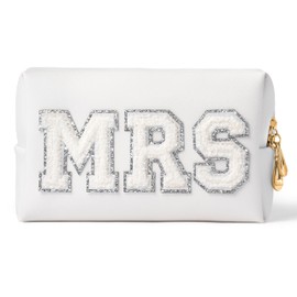 Belanttega Bride MRS Patch Cosmetic Bag Bridal Gifts MRS Letter Makeup Bag Small Toiletry Kit PU Leather Portable Waterproof Shower Pouch Bridal Wedding Bridesmaid Engagement Gifts (Silver)