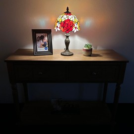 enjoy decor lamps Tiffany Mini Table Lamp Red Orange Stained Glass Rose Flowers Pull Chain Switch LED Bulb Included for Living Room Bedroom Bedside 8" D*8" W*15" H