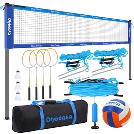 Olybeaka Outdoor Volleyball Badminton Combo Set with Net, Anti-Sagging Design, 4 Badminton Rackets, 3 Birdies and PU Volleyball for Backyard Lawn Beach (Deep & Light Blue Colorblock)