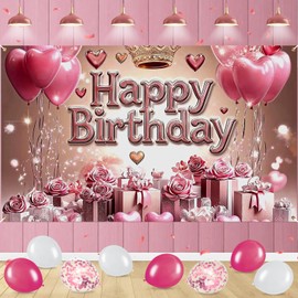 Rose Gold Happy Birthday Banner Decorations for Women Girls Rose Gold Happy Birthday Backdrop Banner Photo Background for Indoor Outdoor Party Decoration 70.8 x 43 Inch