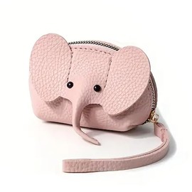 [THREE RABBITS] Mini Cute Elephant Wallet - Compact PU Coin Purse with Zipper & Key Ring, Portable Solid Design, Multi-Functional Clutch for Coins, Cards, Lipstick, Functional Design, Pink