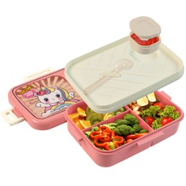 3 Compartments Bento Lunch Box, Leakproof Lunch Container with Spoon and Sauce Container for On-the-Go Meal, Reusable & BPA-free, Microwave & Dishwasher Safe, Pink