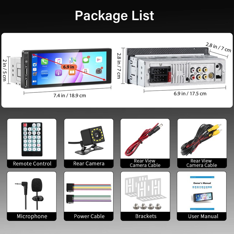 REAKOSOUND 6.9" Single Din Car Stereo with Apple CarPlay &